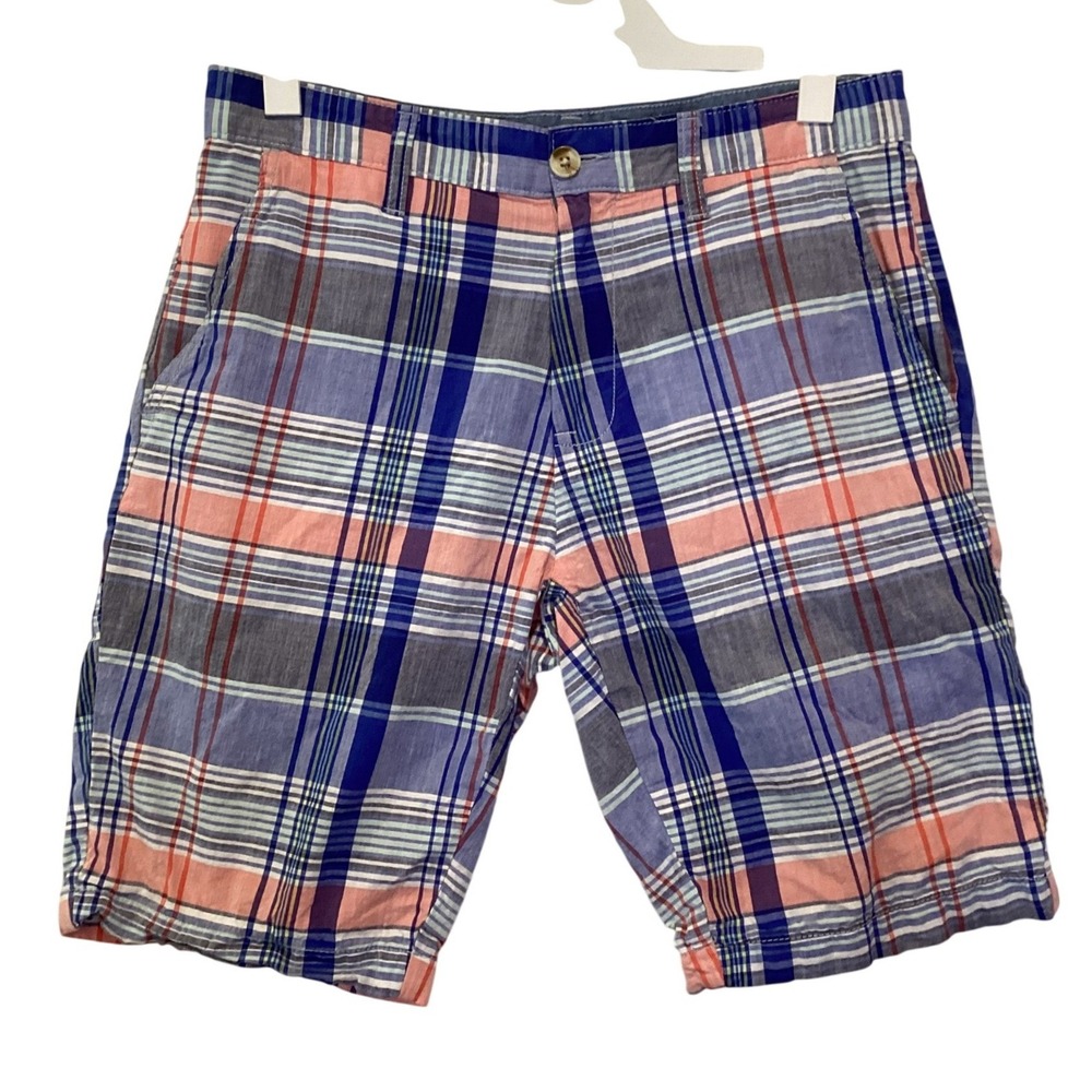 US Polo Mens Plaid Madras Shorts Blue Grey Coral Green White Cotton Size 30